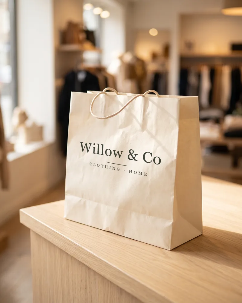 A Willow & Co paper bag on a shop counter.