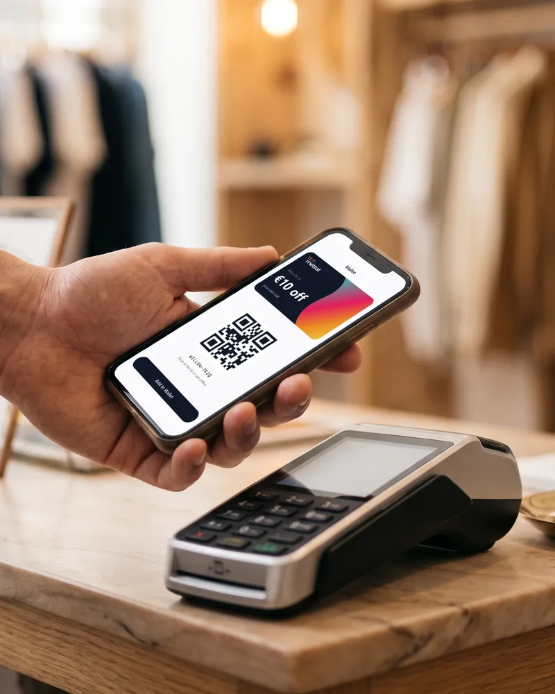 A hand holding a phone with the voucher up to a card machine at the till.